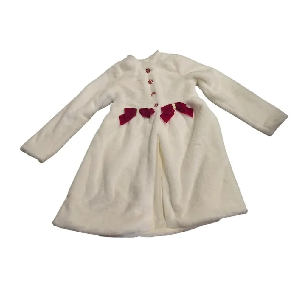 Blueberi Boulevard Girls White Faux Fur Dress Coat Red Bows Size 10 Holiday